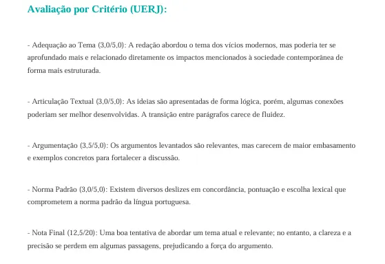 Comentários detalhados na redação corrigida