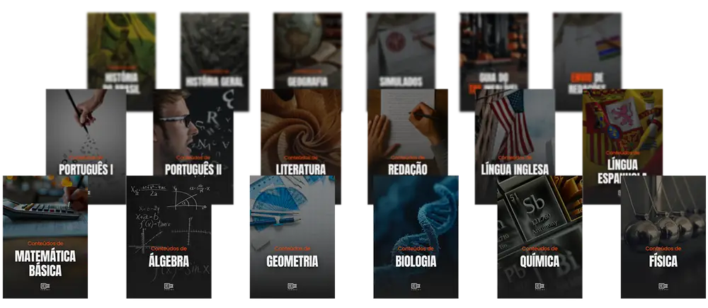 Capas das disciplinas da plataforma: português, matemática, redação, química, física e mais